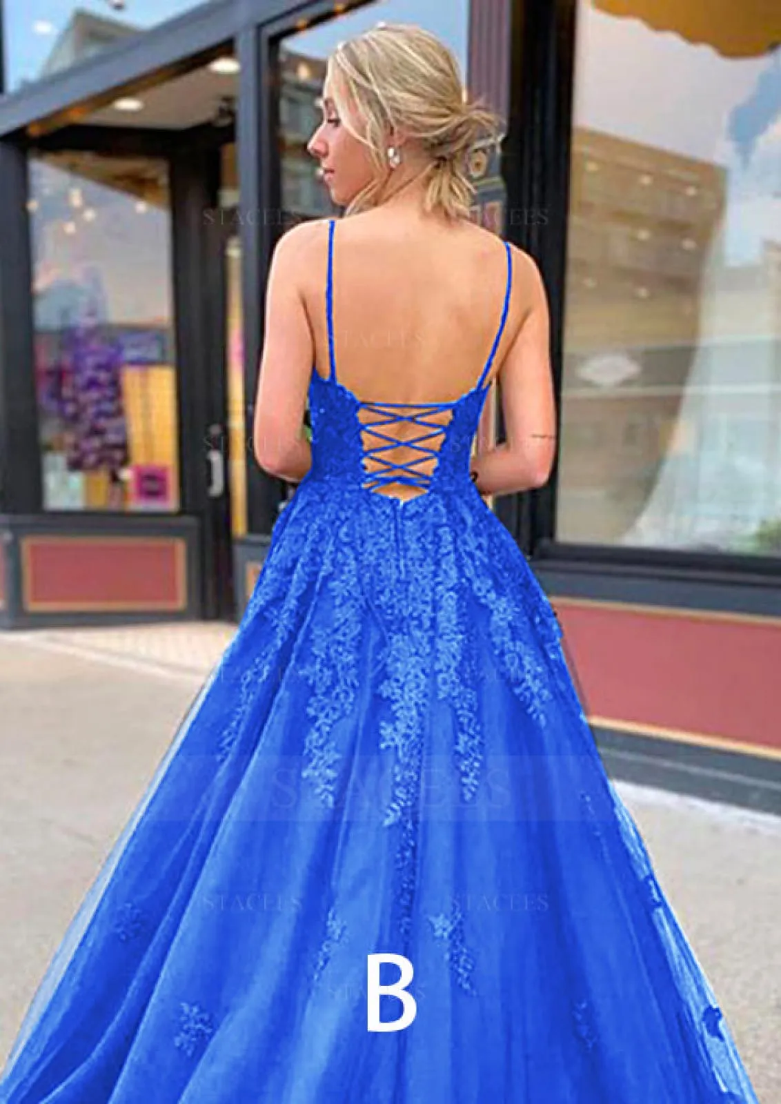 Royal Blue A-line Strap V Neck Open Back Tulle Formal Prom Dress, Lace