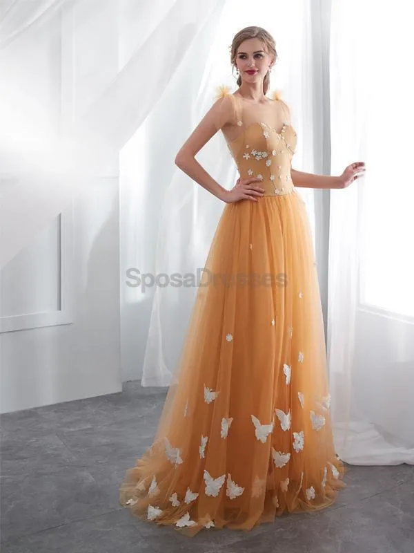 Scoop Butter Fly Orange A-line Tulle Evening Prom Dresses, Evening Party Prom Dresses, 12025