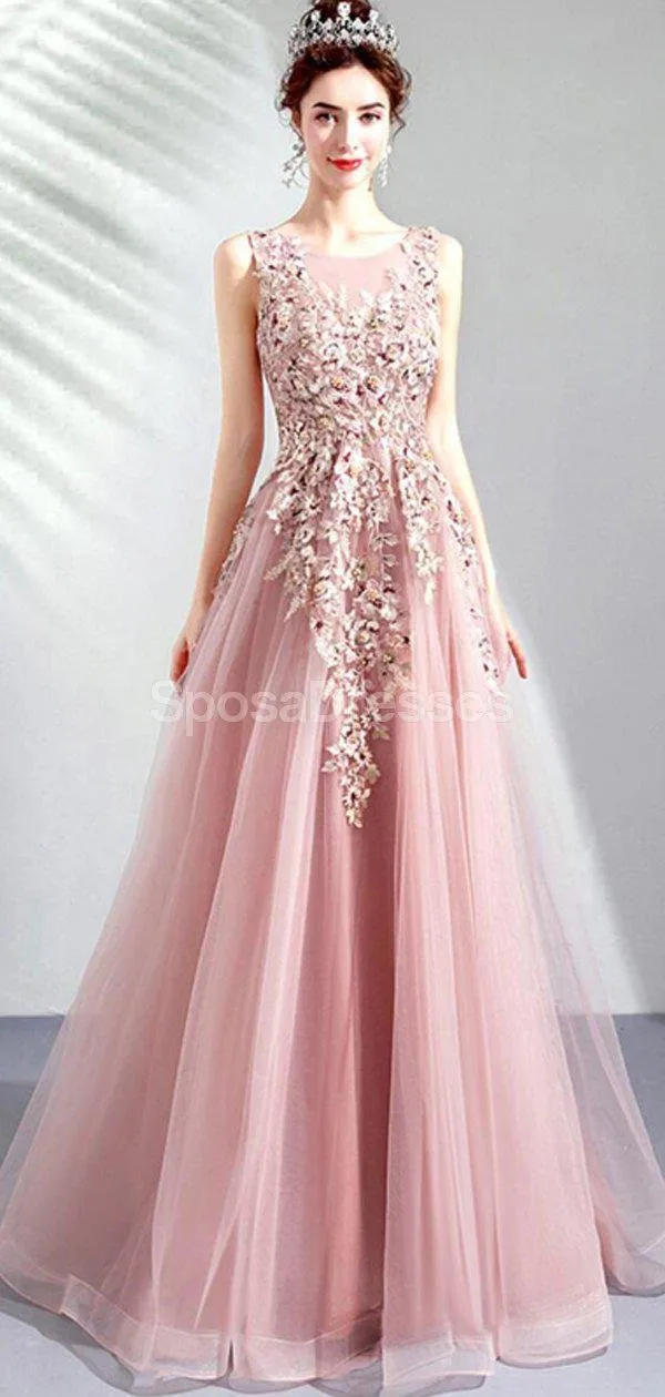 Scoop Lace Beaded Pink Long Evening Prom Dresses, Evening Party Prom Dresses, 12286