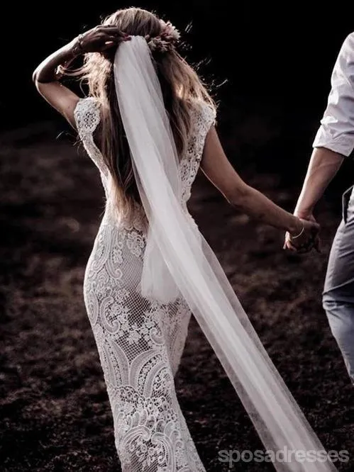 Sexy Backless Cap Sleeves Lace Mermaid Cheap Wedding Dresses Online, Cheap Unique Bridal Dresses, WD586