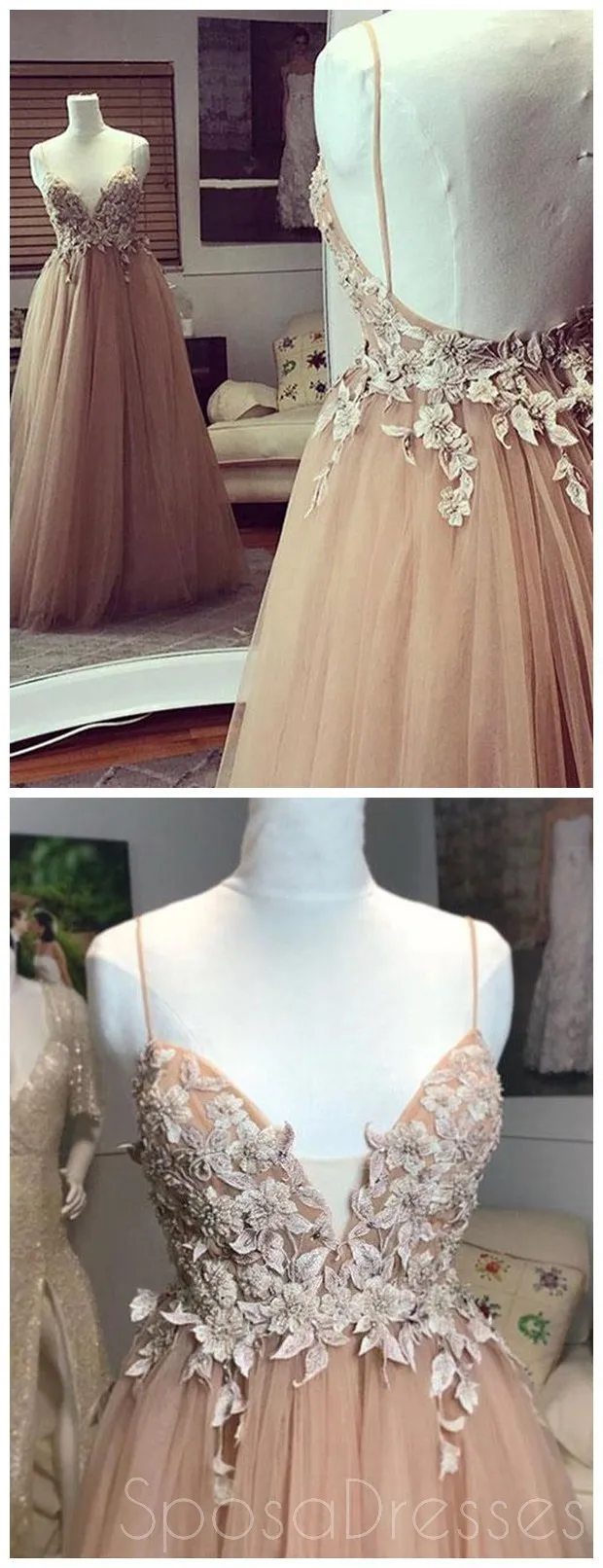 Sexy Backless Spaghetti Straps Lace Beaded Long Evening Prom Dresses, Cheap Sweet 16 Dresses, 18360