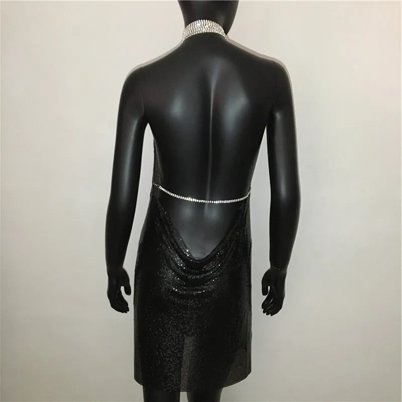 Sexy Deep V Neck Halter Split Sequined Backless Rhinestone Chain Party Metal Dress