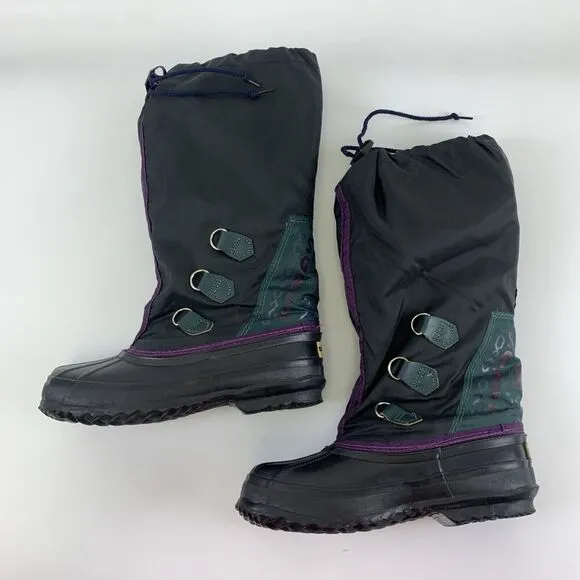 Sorel Freestyle Knee High Nylon Boots Felt Liner Black Purple Green Womens 8