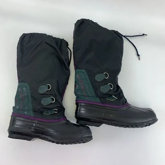 Sorel Freestyle Knee High Nylon Boots Felt Liner Black Purple Green Womens 8