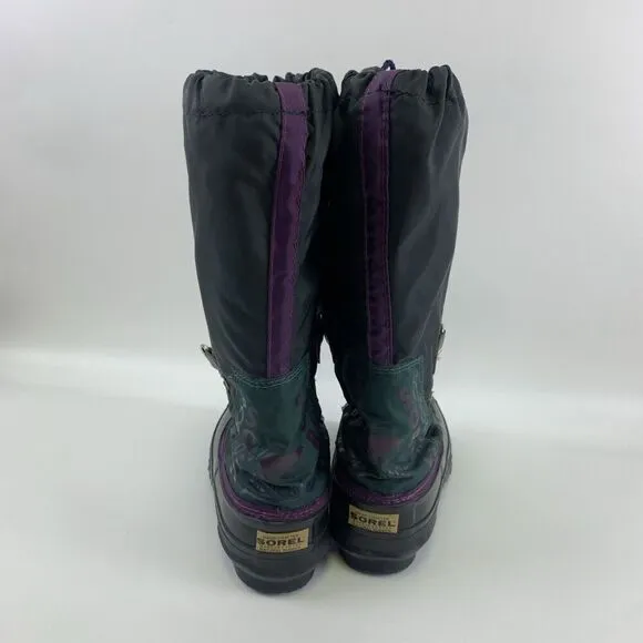 Sorel Freestyle Knee High Nylon Boots Felt Liner Black Purple Green Womens 8