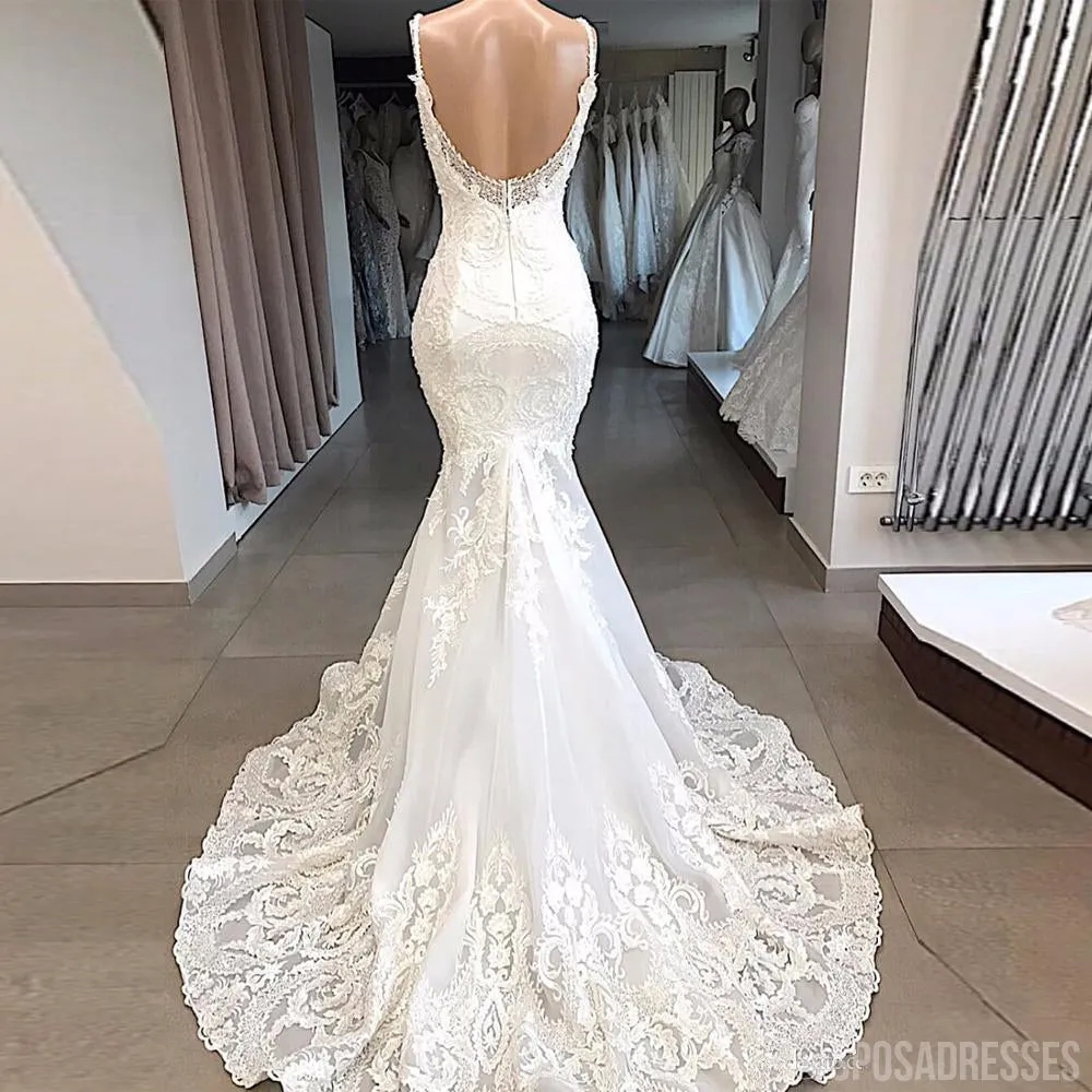 Spaghetti Straps Lace Mermaid Cheap Wedding Dresses, Mermaid Wedding Gown, WD700