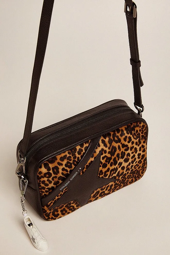 star bag pony leo front panel leather star and shoulder strap - black/brown leo