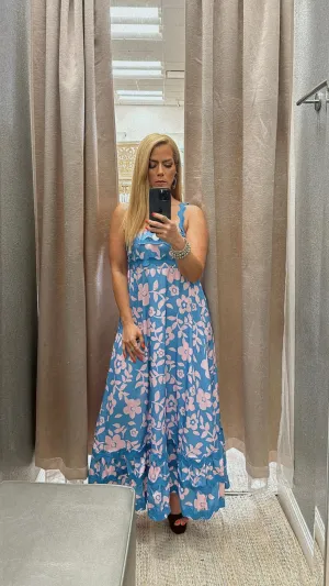 Strap floral blue-pink maxi dress