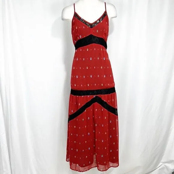 SYLVIAN Heach Burnt Orange Lace Trim Detail Spaghetti Strap Maxi Dress XS