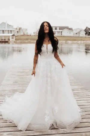 Tulle A-line Strapless Wedding Dresses With Lace Appliques, Bridal Gown, MW900