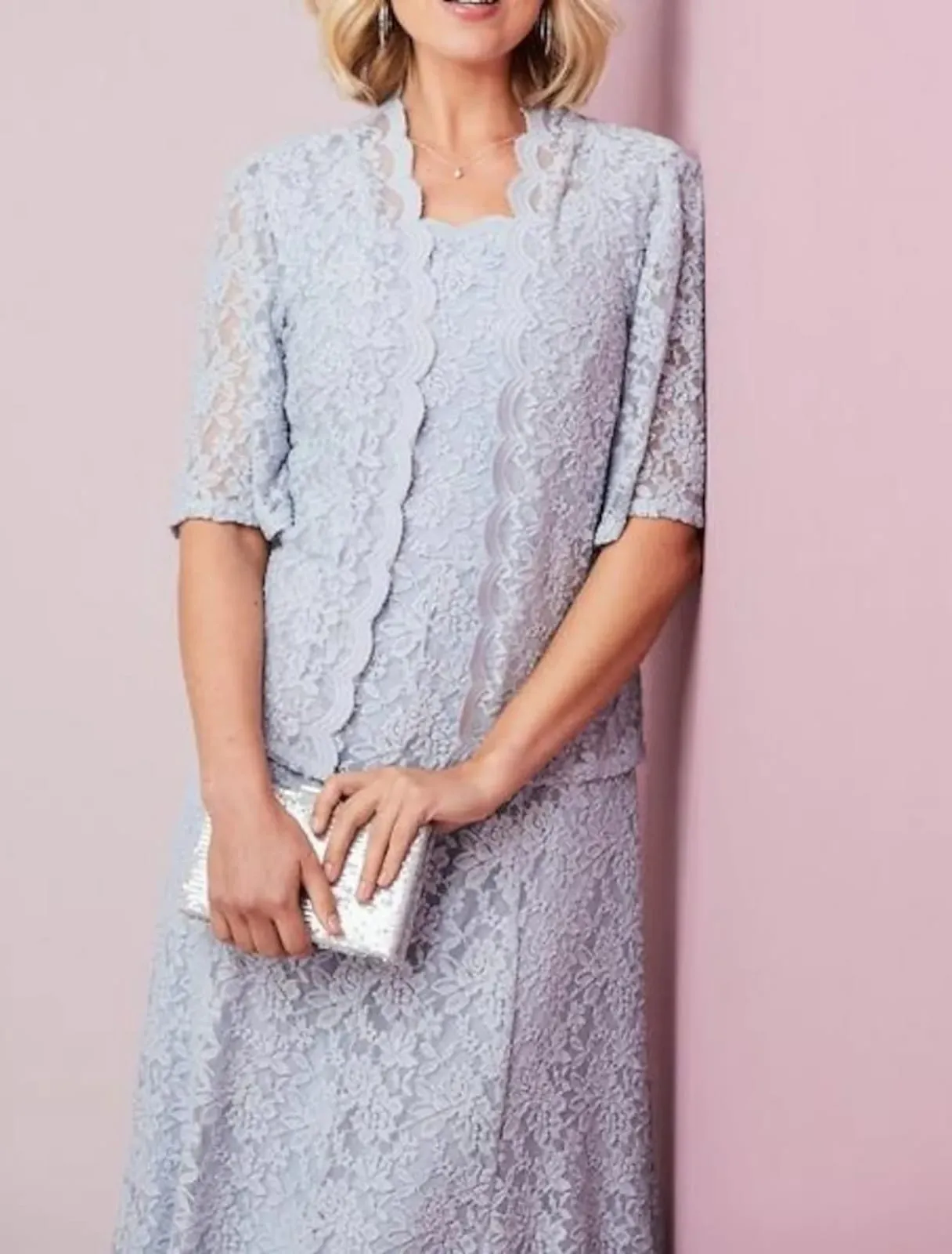 Two Piece A-line Calf Length Scalloped Neck Lace Mother of Bride Dress, Coat