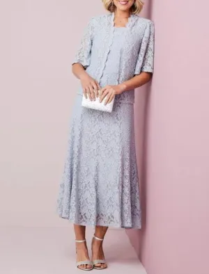 Two Piece A-line Calf Length Scalloped Neck Lace Mother of Bride Dress, Coat