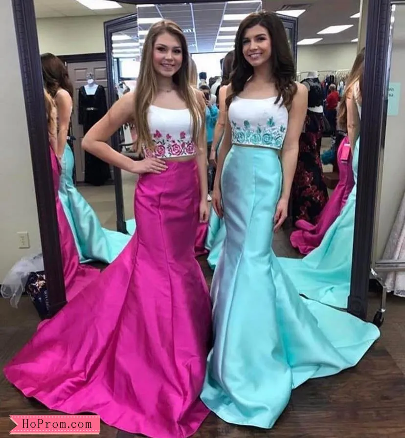 Two Piece Black Floral Appliques Mermaid Prom Dresses