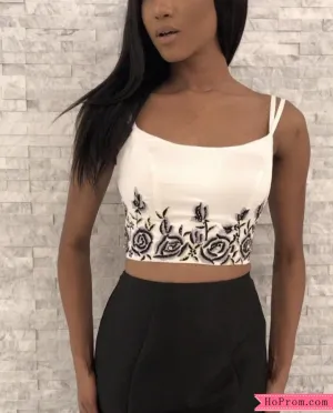 Two Piece Black Floral Appliques Mermaid Prom Dresses