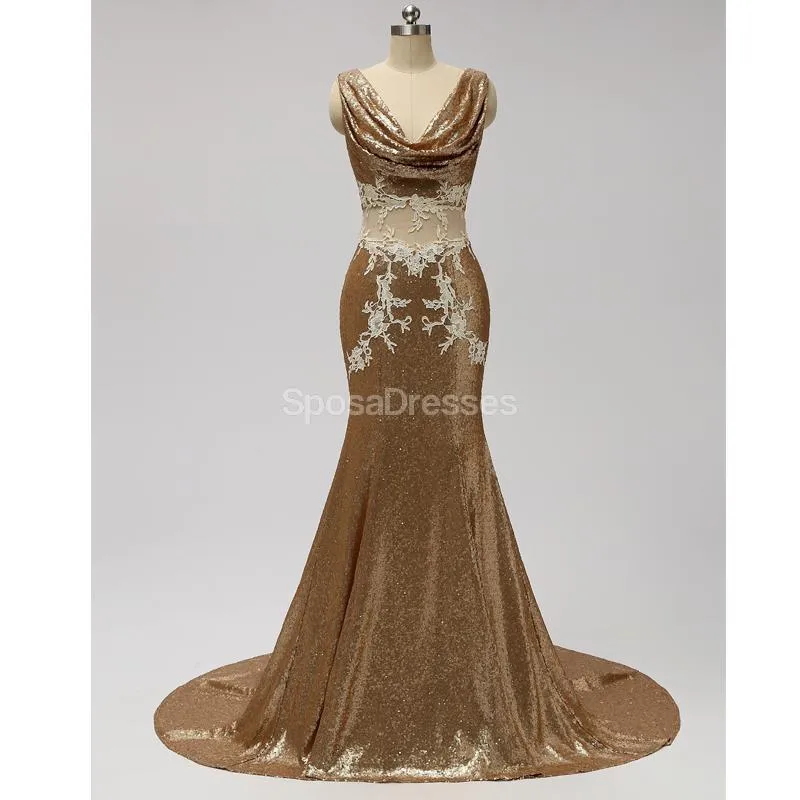 V Neck See Through Gold Sequin Mermaid Cheap Bridesmaid Dresses Online, WG599