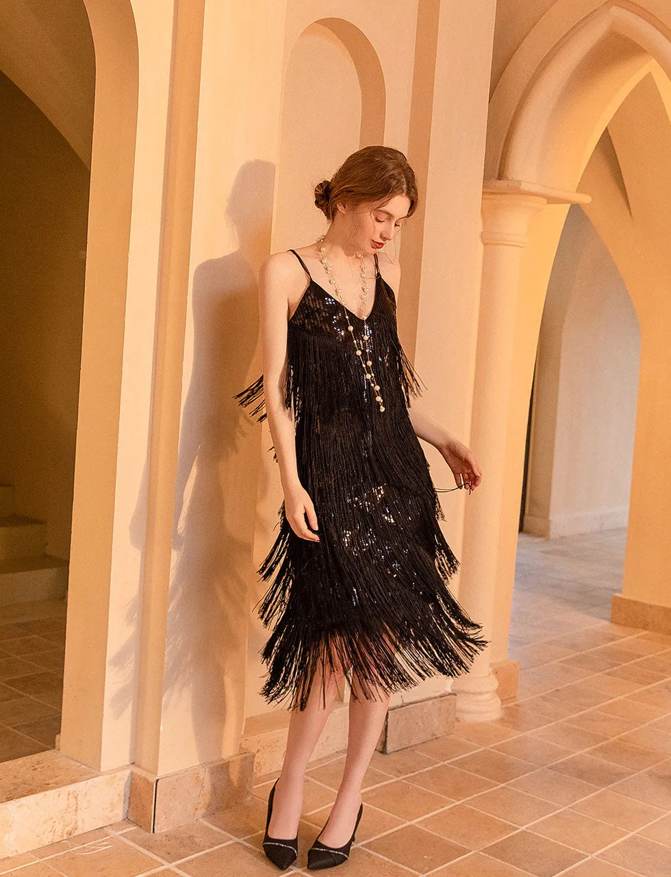 V Neck Strap Sequins Vintage Dress Sexy Party Dress