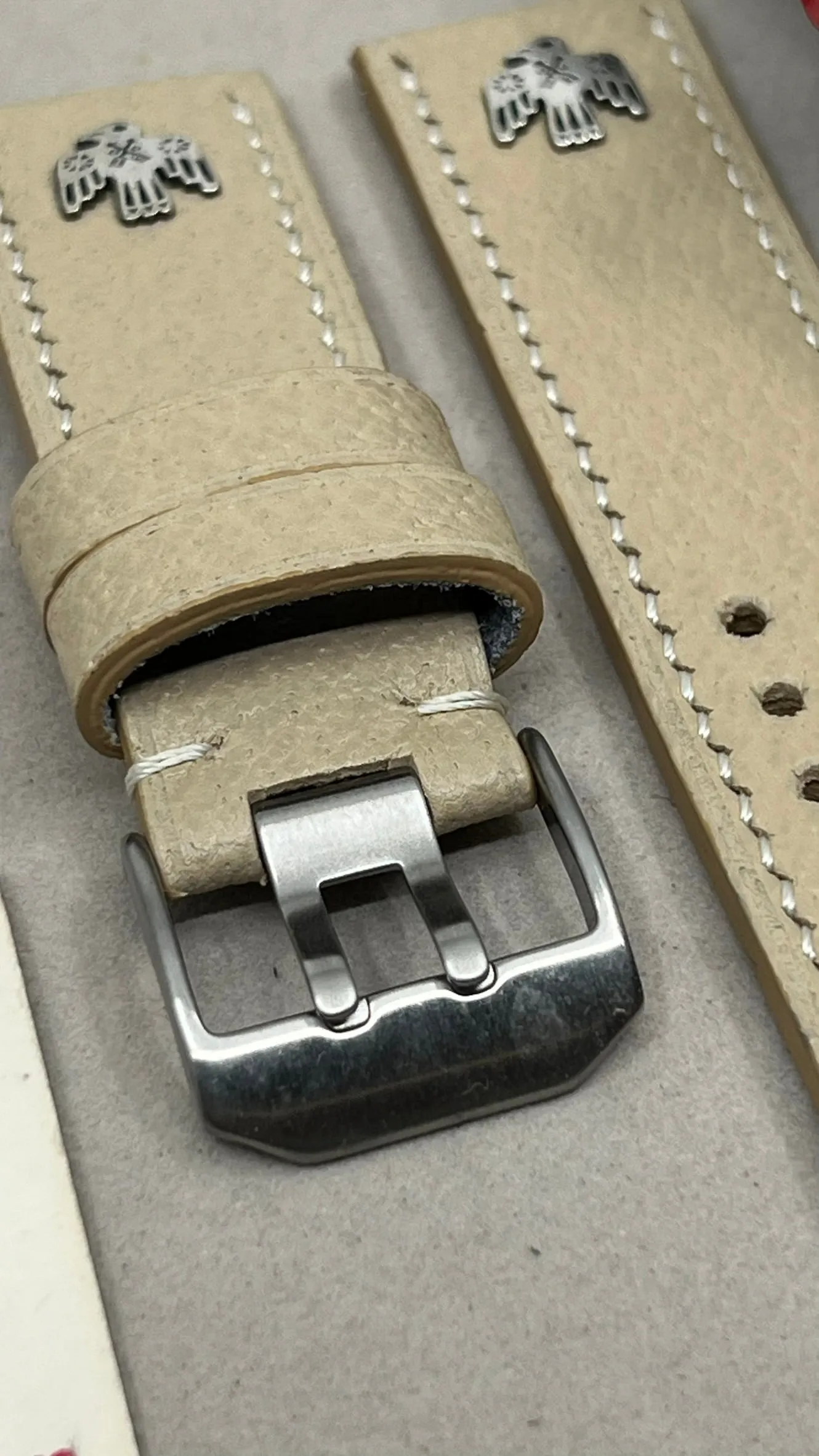 Watch Straps 24mm 26mm, Beige Leather Watch Band in double pin watch buckle, Hawk Sterling Silver 925 pin, Wristwatch Band, Watchstrap replacement