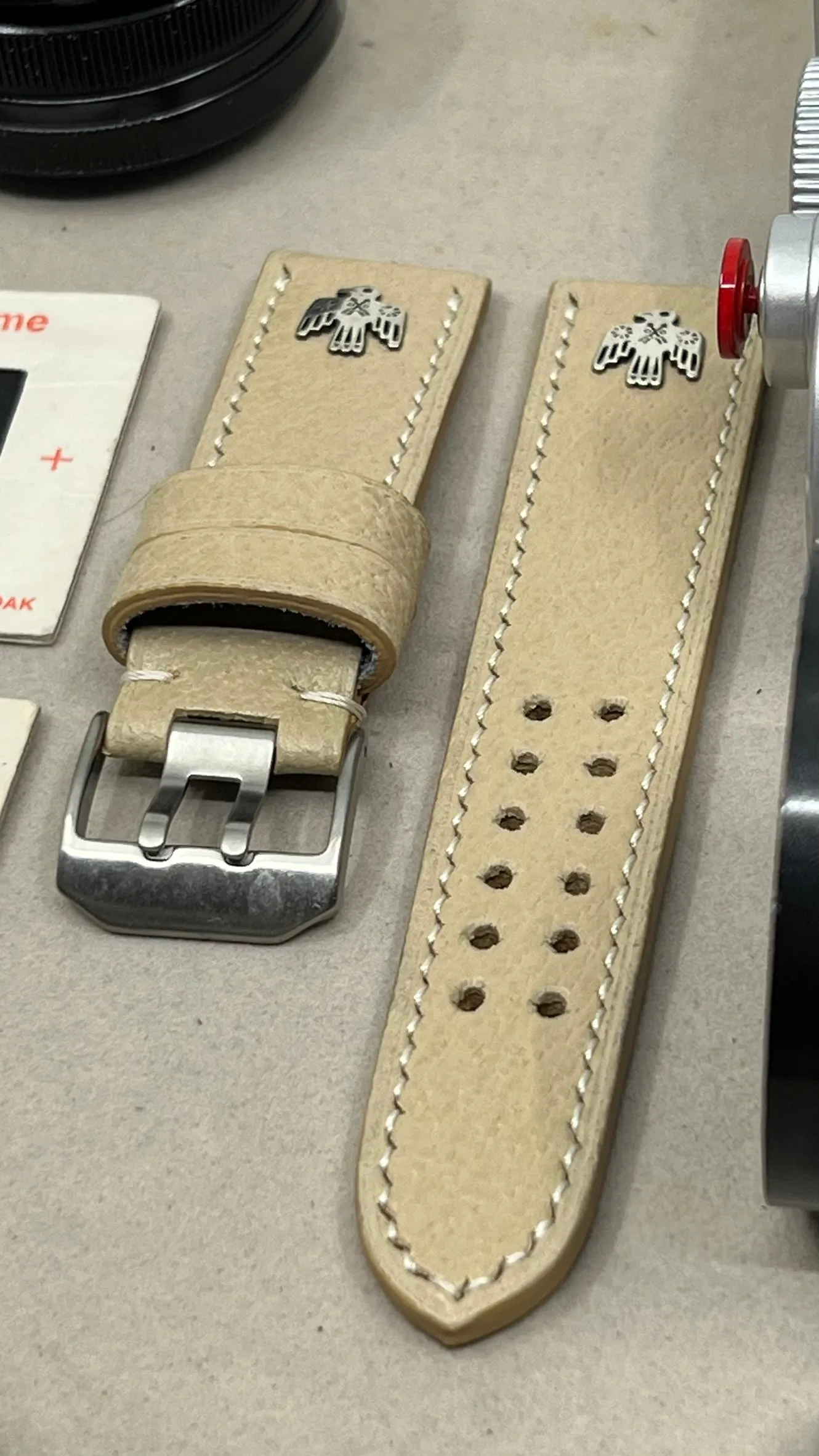 Watch Straps 24mm 26mm, Beige Leather Watch Band in double pin watch buckle, Hawk Sterling Silver 925 pin, Wristwatch Band, Watchstrap replacement