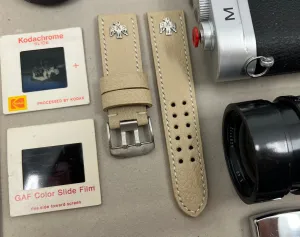 Watch Straps 24mm 26mm, Beige Leather Watch Band in double pin watch buckle, Hawk Sterling Silver 925 pin, Wristwatch Band, Watchstrap replacement