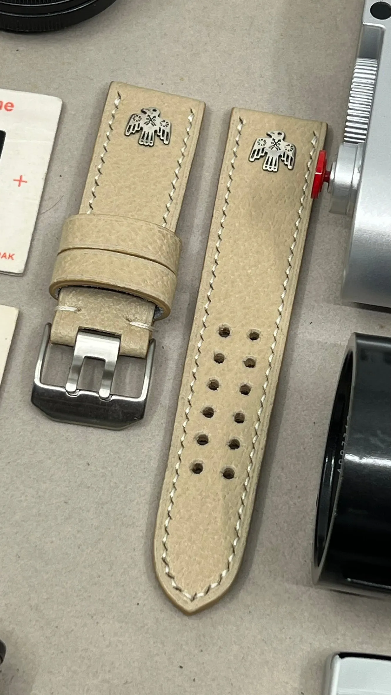 Watch Straps 24mm 26mm, Beige Leather Watch Band in double pin watch buckle, Hawk Sterling Silver 925 pin, Wristwatch Band, Watchstrap replacement