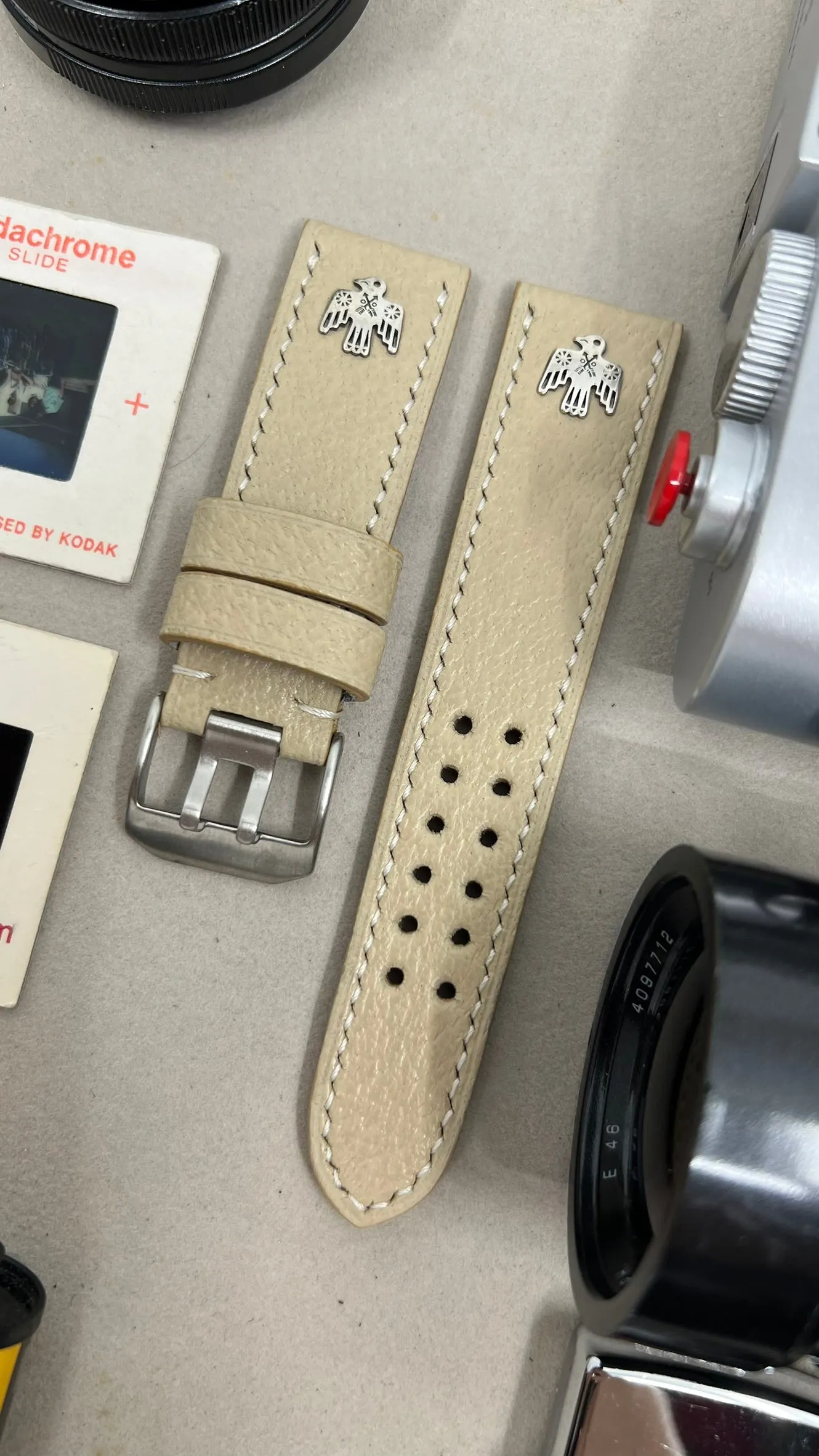 Watch Straps 24mm 26mm, Beige Leather Watch Band in double pin watch buckle, Hawk Sterling Silver 925 pin, Wristwatch Band, Watchstrap replacement