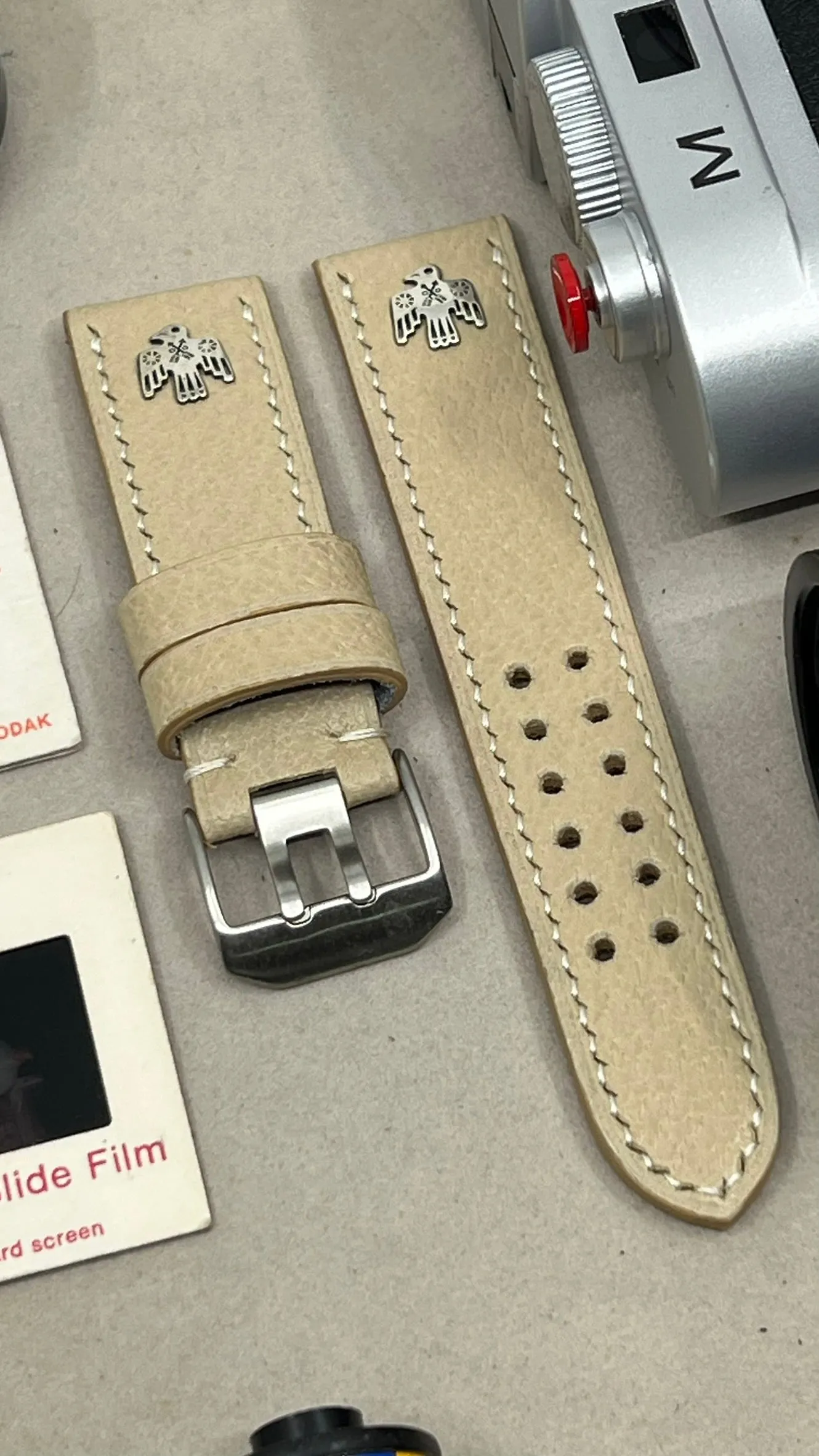Watch Straps 24mm 26mm, Beige Leather Watch Band in double pin watch buckle, Hawk Sterling Silver 925 pin, Wristwatch Band, Watchstrap replacement