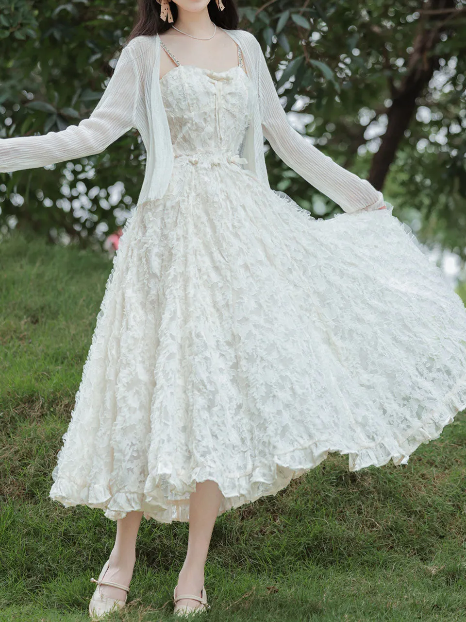 White Feather Spaghetti Strap Fairy Princess Dress and Translucent Cardigan
