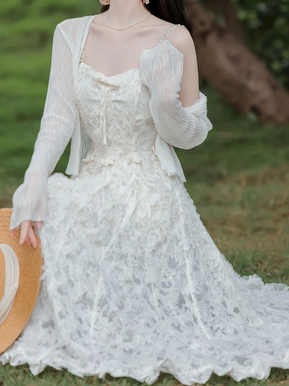 White Feather Spaghetti Strap Fairy Princess Dress and Translucent Cardigan
