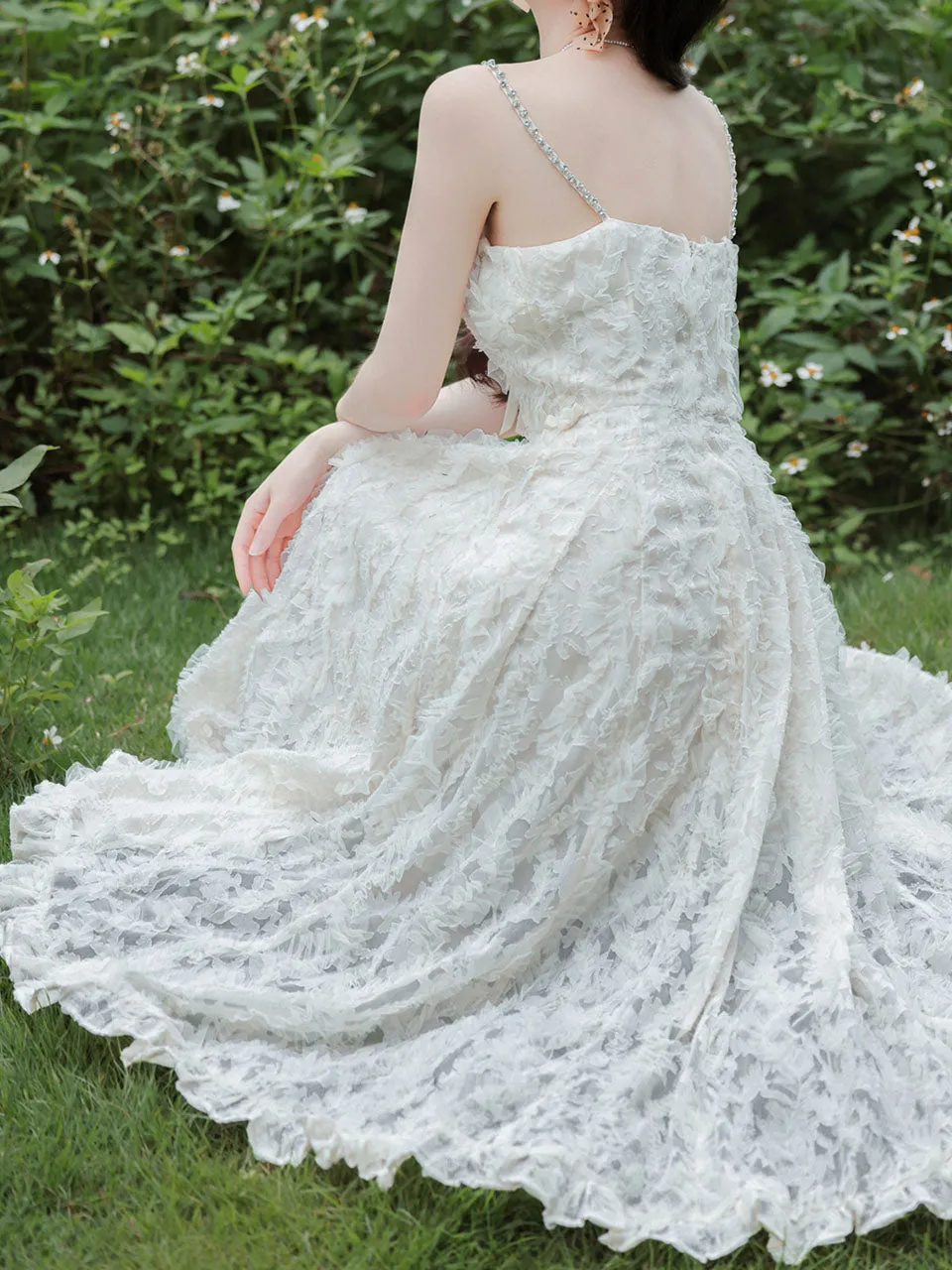 White Feather Spaghetti Strap Fairy Princess Dress and Translucent Cardigan