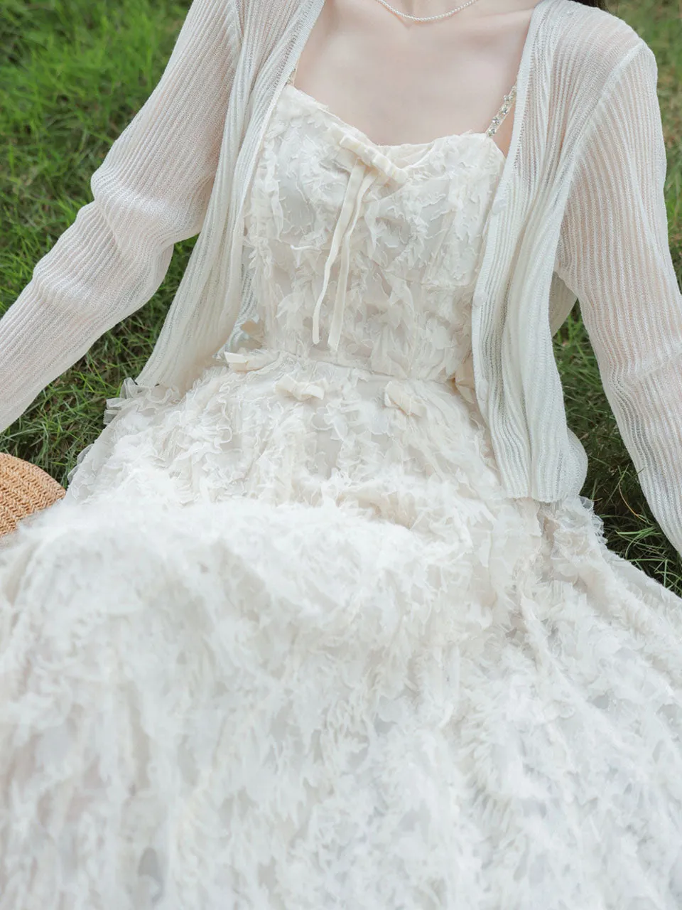 White Feather Spaghetti Strap Fairy Princess Dress and Translucent Cardigan