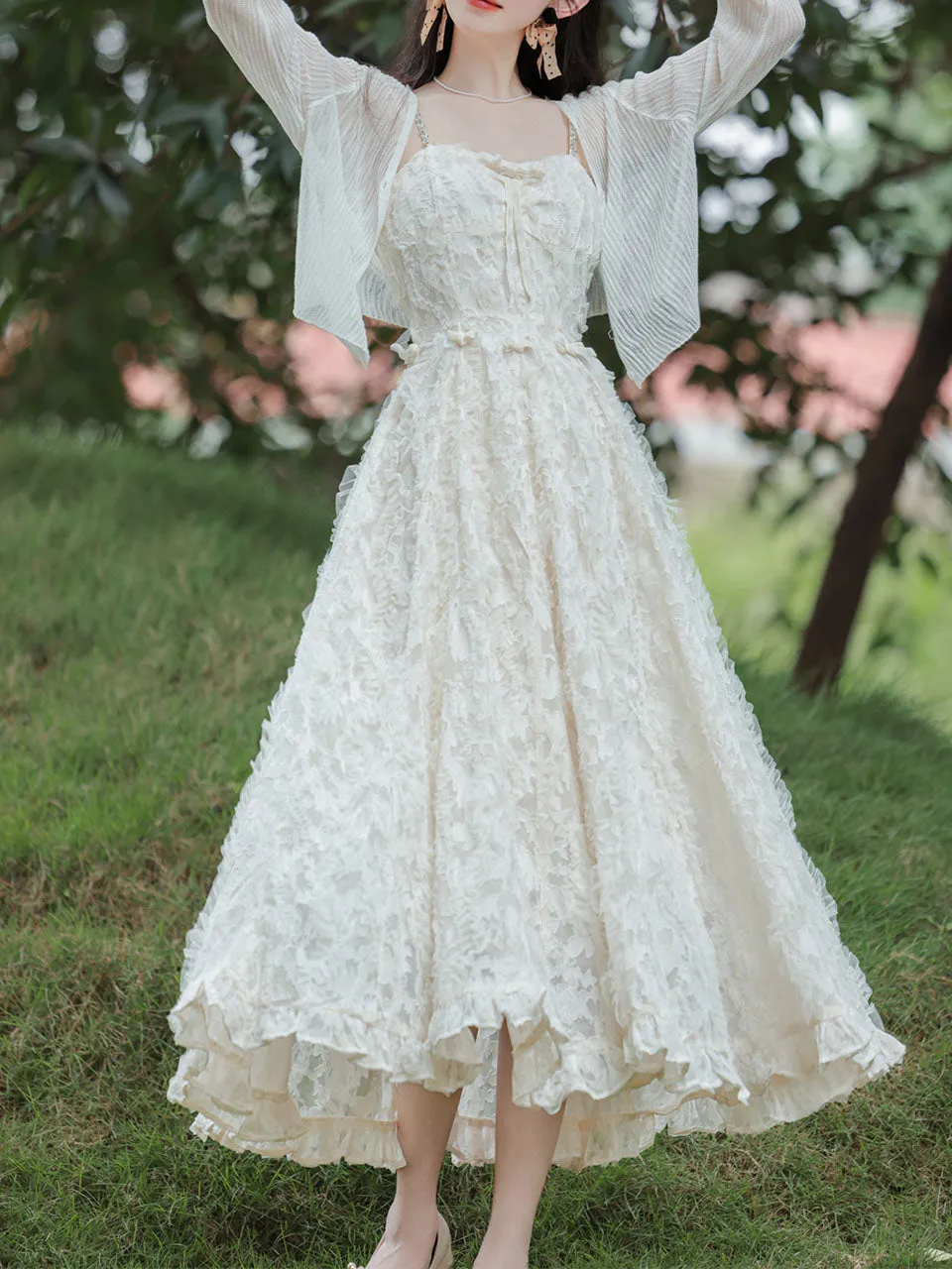 White Feather Spaghetti Strap Fairy Princess Dress and Translucent Cardigan