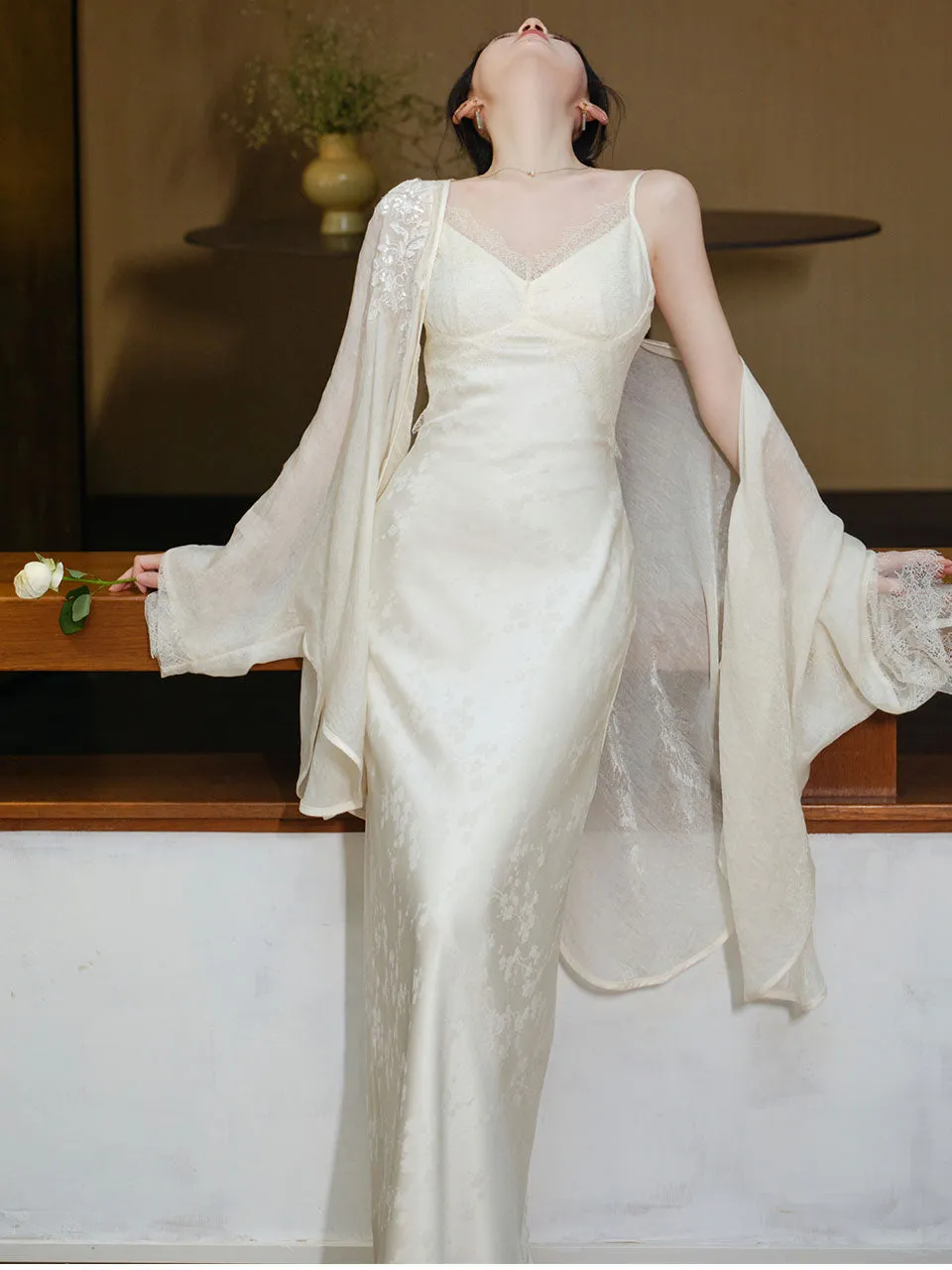 White Jacquard Acetate Sling Fishtail Wedding Maxi Dress and White Cardigan