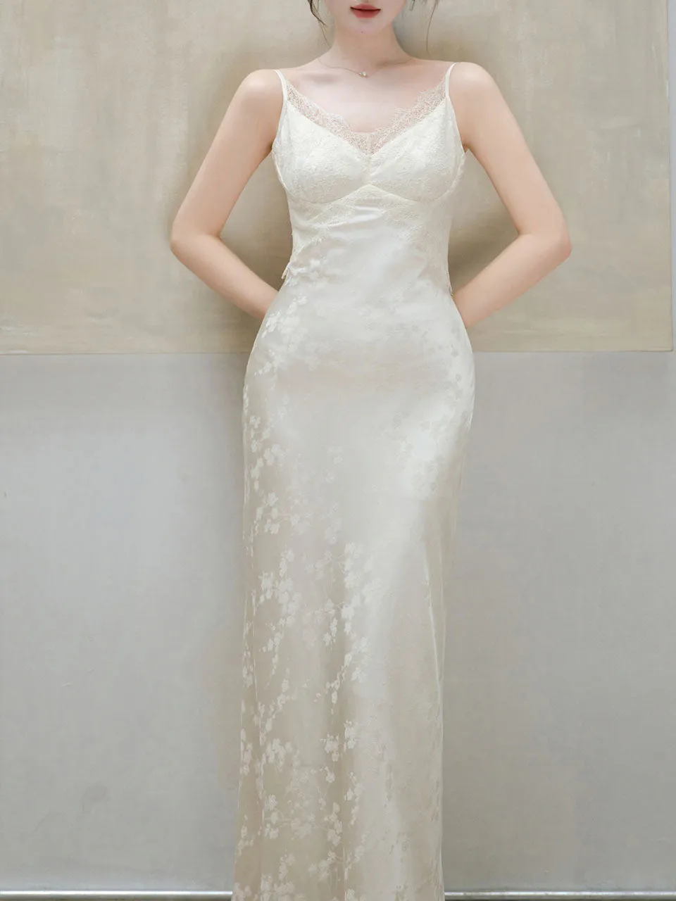 White Jacquard Acetate Sling Fishtail Wedding Maxi Dress and White Cardigan