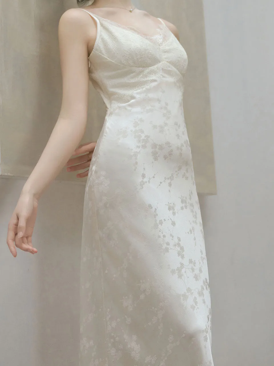 White Jacquard Acetate Sling Fishtail Wedding Maxi Dress and White Cardigan