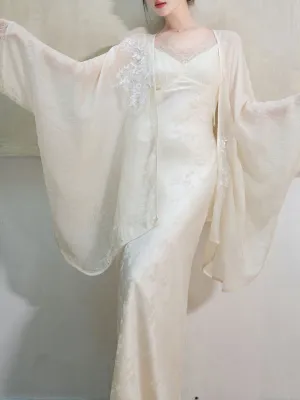 White Jacquard Acetate Sling Fishtail Wedding Maxi Dress and White Cardigan