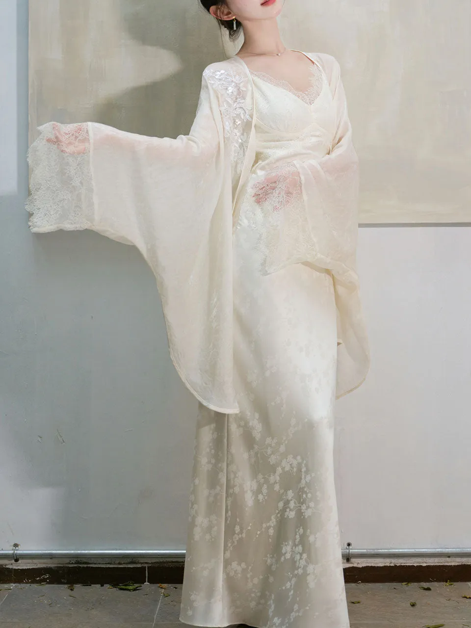 White Jacquard Acetate Sling Fishtail Wedding Maxi Dress and White Cardigan
