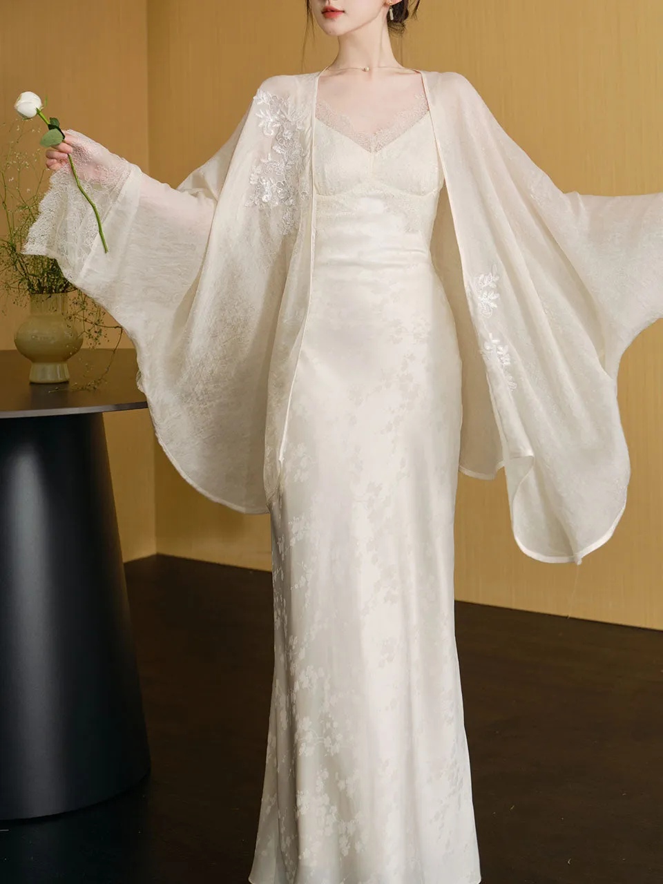 White Jacquard Acetate Sling Fishtail Wedding Maxi Dress and White Cardigan