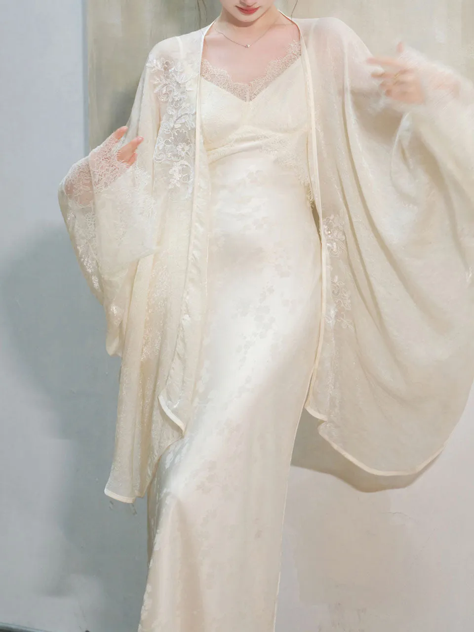 White Jacquard Acetate Sling Fishtail Wedding Maxi Dress and White Cardigan