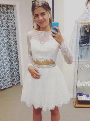 White Lace Applique Long Sleeve Beading Short Homecoming Dresses