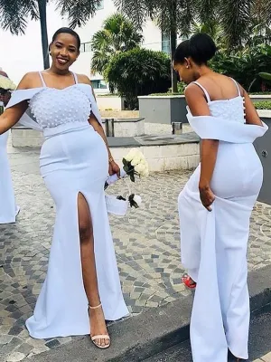 White Spaghetti Strap Off-shoulder Snow Balls Side Slit Mermaid Long Bridesmaid Dress, BD3068