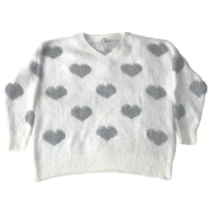 White with gray Hearts oversize V neck sweater Size Large NWT