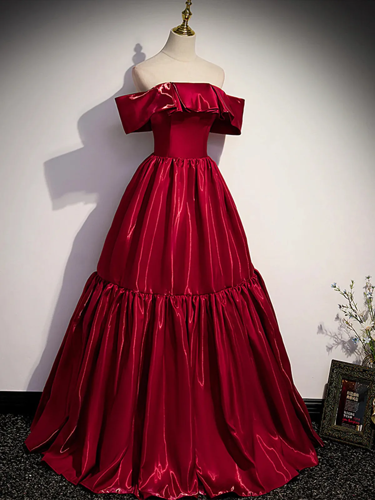 Wine Red A-line Off Shoulder Satin Party Dress, Wine Red Strapless Prom Dress