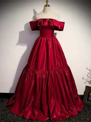 Wine Red A-line Off Shoulder Satin Party Dress, Wine Red Strapless Prom Dress