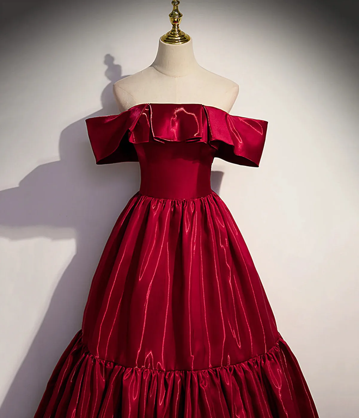 Wine Red A-line Off Shoulder Satin Party Dress, Wine Red Strapless Prom Dress