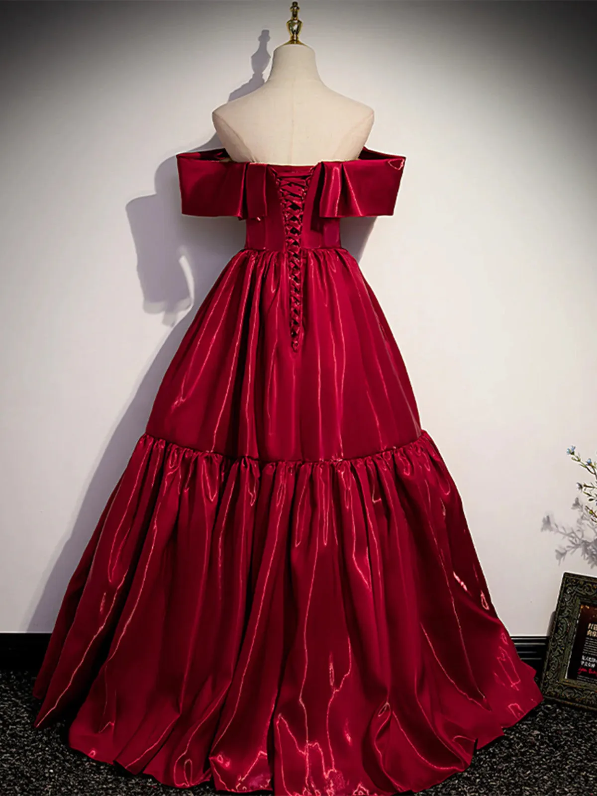 Wine Red A-line Off Shoulder Satin Party Dress, Wine Red Strapless Prom Dress