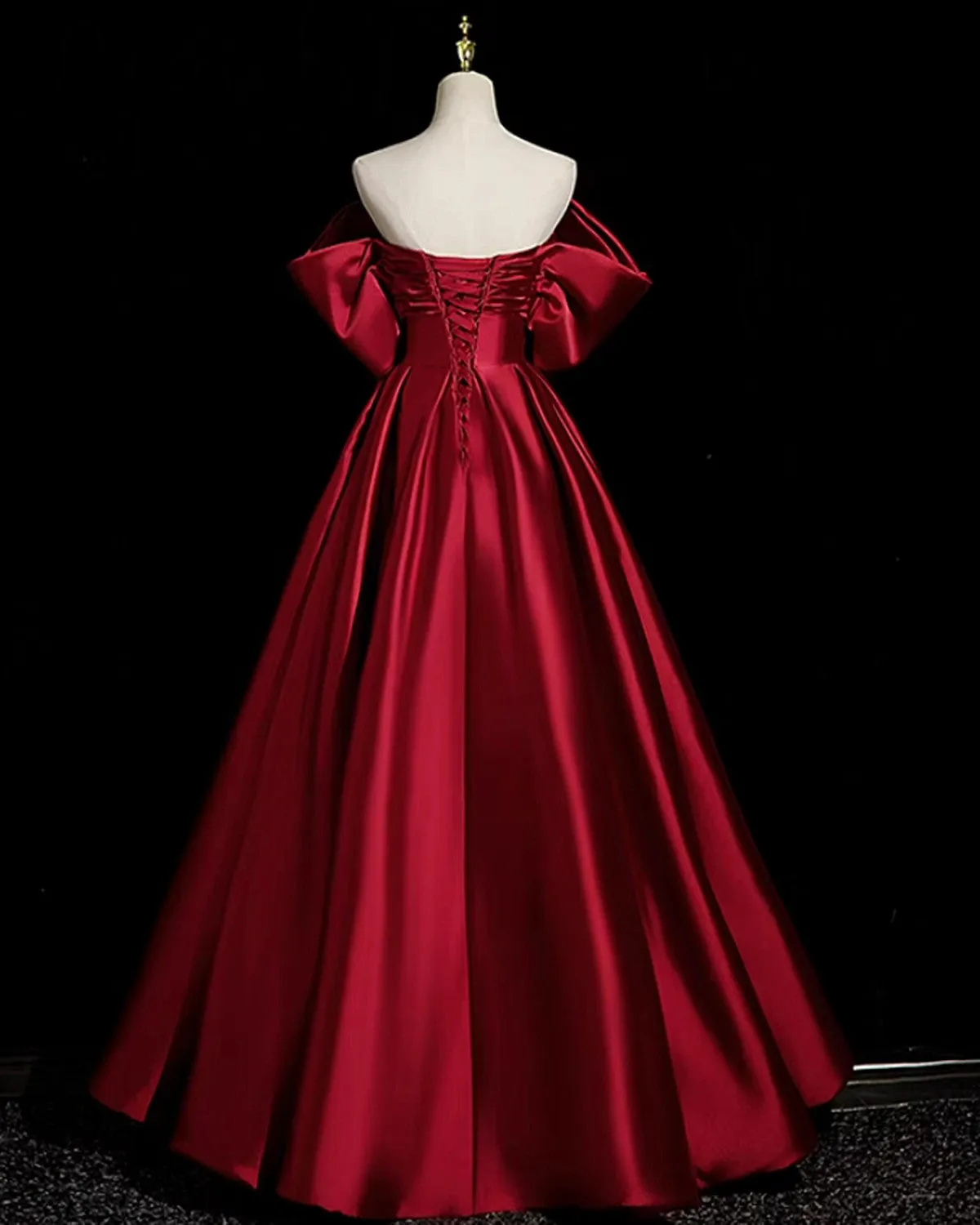 Wine Red Satin Off Shoulder Party Dress, Off Shoulder Wine Red Long Prom Dress
