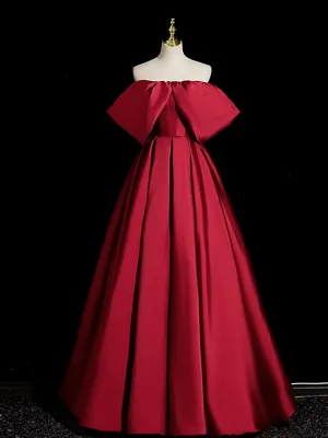 Wine Red Satin Off Shoulder Party Dress, Off Shoulder Wine Red Long Prom Dress