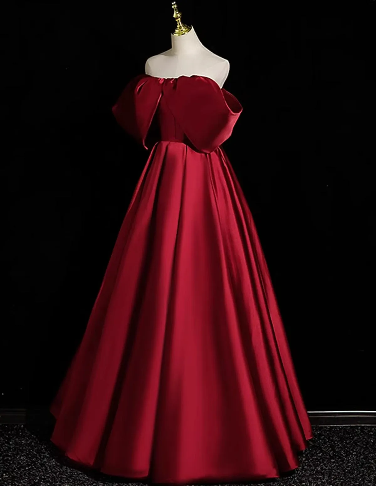 Wine Red Satin Off Shoulder Party Dress, Off Shoulder Wine Red Long Prom Dress