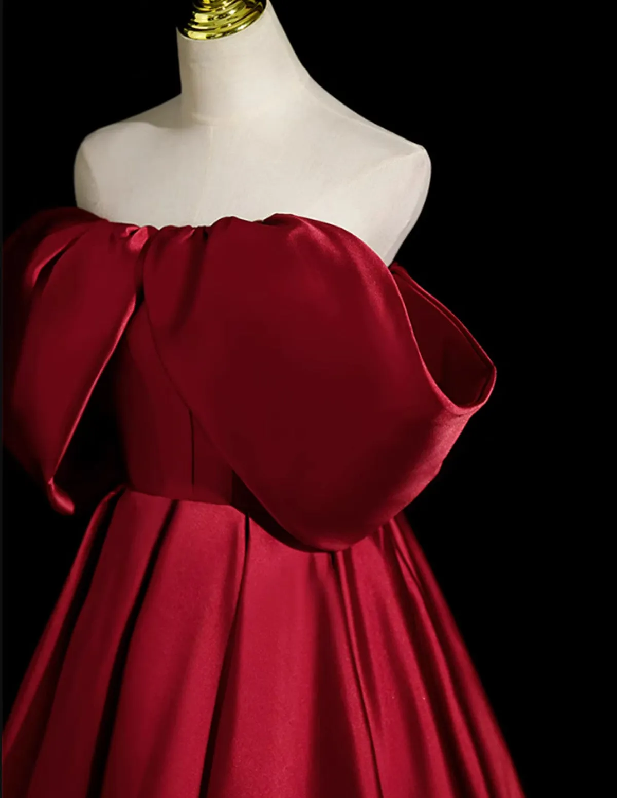 Wine Red Satin Off Shoulder Party Dress, Off Shoulder Wine Red Long Prom Dress
