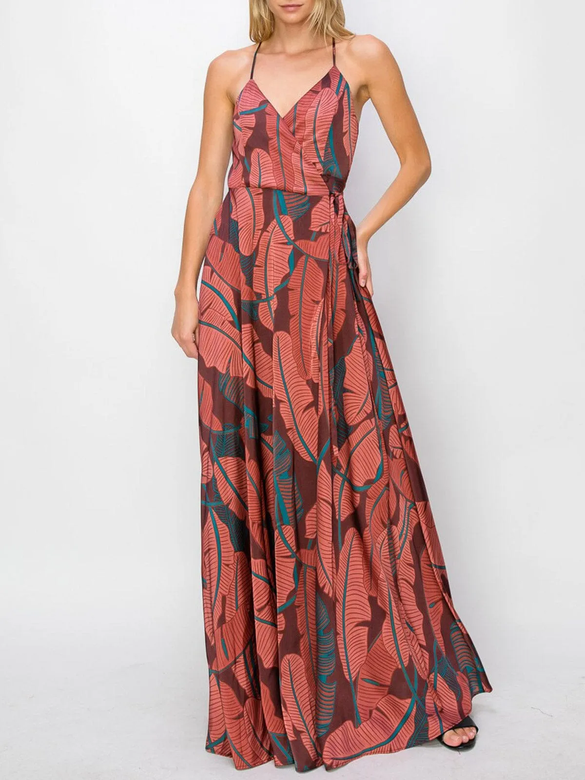WOMEN'S SLEEVELESS LEAF PRINT WRAP MAXI DRESS